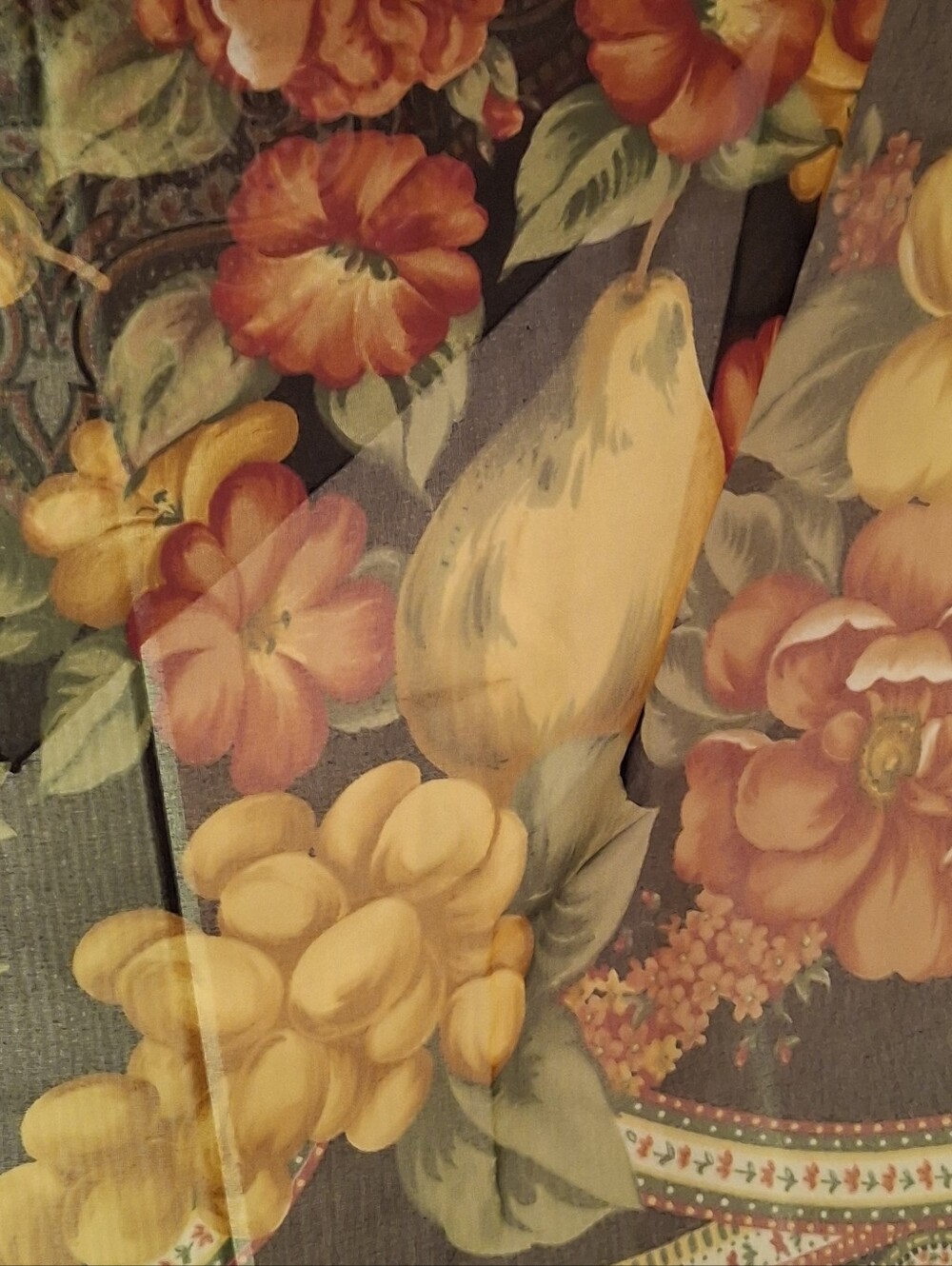 Floral Paisley Black Scarf With Pears And Grapes - Lightweight Sheer